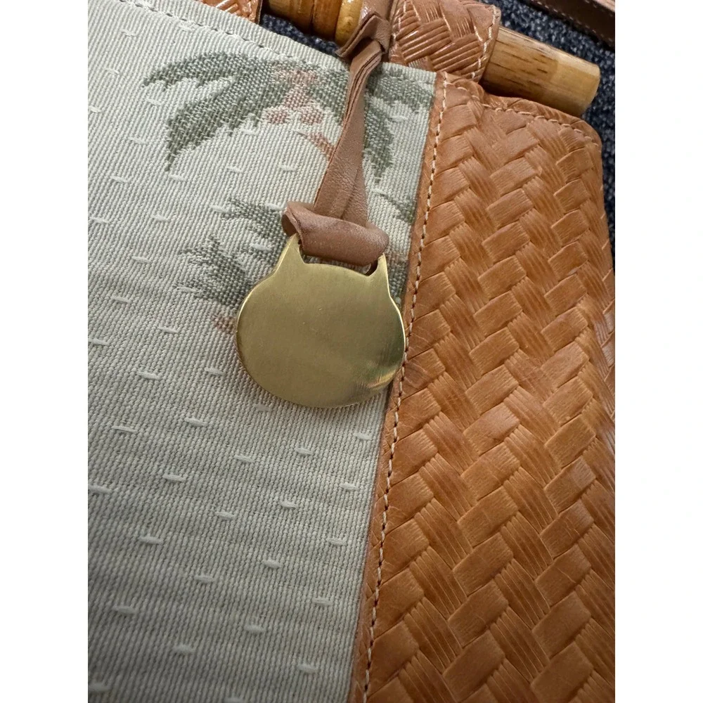 Brahmin Vintage Palm Tree Bamboo Handle Woven Leather Satchel Shoulder Bag Brown